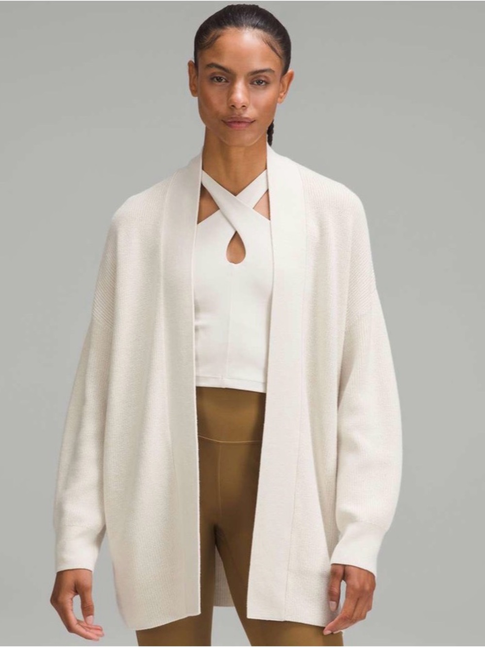 Lululemon Merino Wool-Blend Ribbed
Long Wrap Sweater in Bone